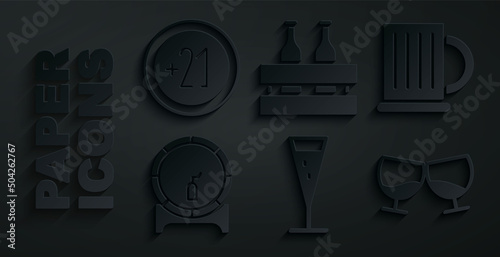Set Glass of champagne, Wooden beer mug, barrel on rack, cognac or brandy, Pack bottles and Alcohol 21 plus icon. Vector