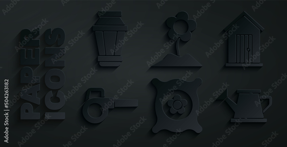 Set Pack full of seeds of plant, Farm house, Leaf garden blower, Watering can, Flower and Garden light lamp icon. Vector
