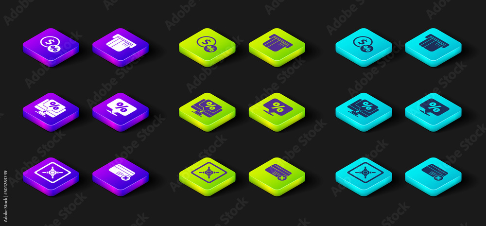 Set Safe, Credit card remove, Percent discount and monitor, Discount percent tag, and Money coin with icon. Vector