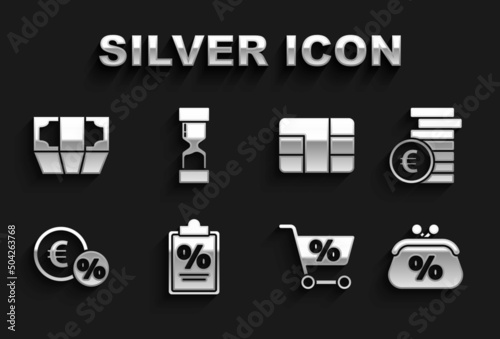 Set Finance document, Coin money with euro symbol, Purse percent, Shopping cart, Money coin, Credit card chip, Stacks paper cash and Old hourglass icon. Vector