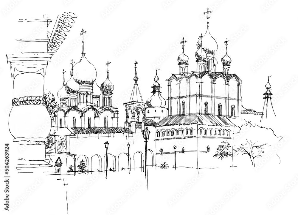 Black and white ink and pen hand drawn landscape with architectural ensemble of the Rostov Kremlin, Russia 