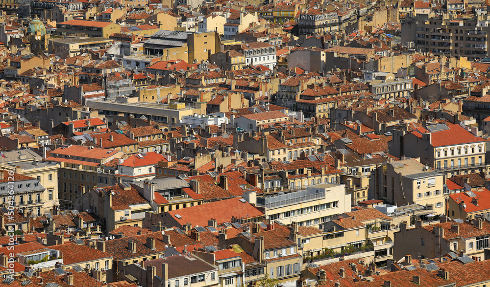 Typical Marseille cityscape aerial panorama, France. Residential buildings with orange roofs.