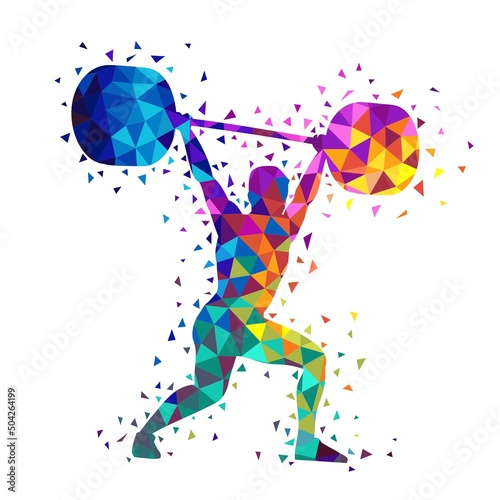 Colorful polygonal silhouette of weightlifter on white isolated background. 