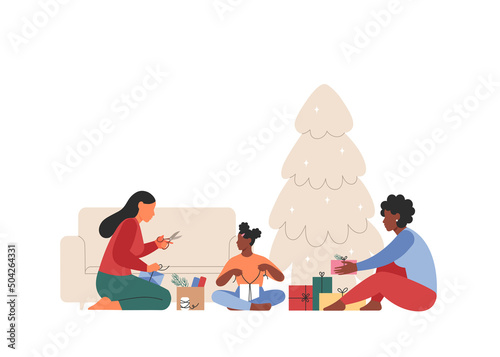 Family with child making and packing gifts on background of a Christmas tree. People prepare gifts for family and friends. Flat vector illustration.