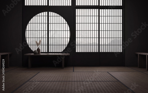 Traditional japanese empty room interior with tatami mats.3d rendering