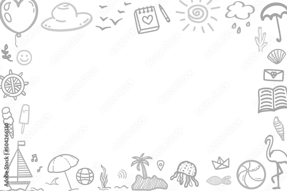 Hand drawn holiday elements on white. Summer holidays. Freehand web banner design. Black and white illustration