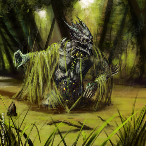A swamp horned monster emerged from the water, there are algae on it, spikes are located on its body. Digital drawing style, 2D Illustration