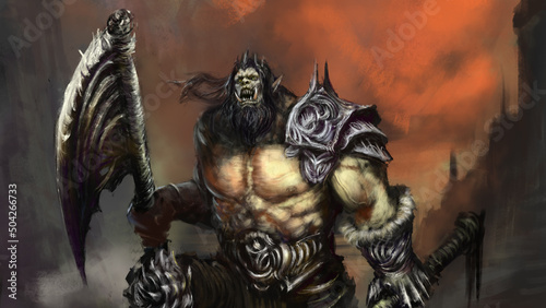 Muscular formidable orc warrior with an ax stands on a mountainous area. Digital drawing style, 2D illustration photo