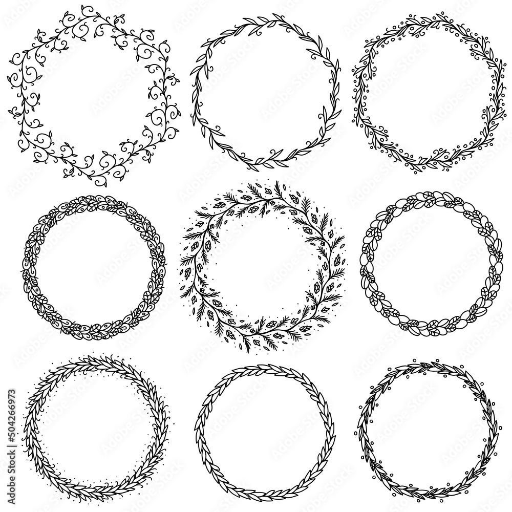 Set of beautiful round floral frames in black color isolated on white background. Romantic decoration elements for wedding invitations, gift cards, banners. Cute botanical wreaths. Set of beautiful round floral frames in black color isolated on white background. Romantic decoration elements for wedding invitations, gift cards, banners. Cute botanical wreaths.
