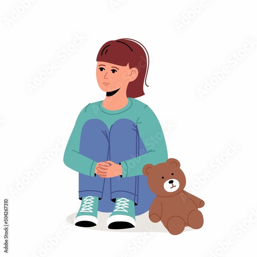 Little girl feeling lonely. Apathy, depression. Child Playing Alone With bear toy. Early signs of autism syndrome in children. Vector illustration.