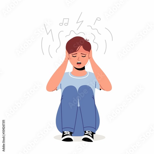 Noise, stress, protection concept. Young frustrated depressed stressed boy, cartoon child plugged ears with hands from loud noisy sound or parents swearing. Autism, mental health