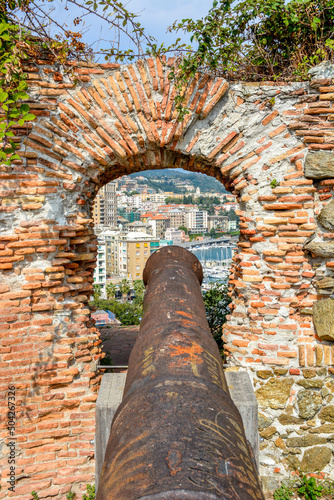 View of a muzzle-loading culverin of the seventeenth century in the Priamar fortress, Savona, Liguria, Italy