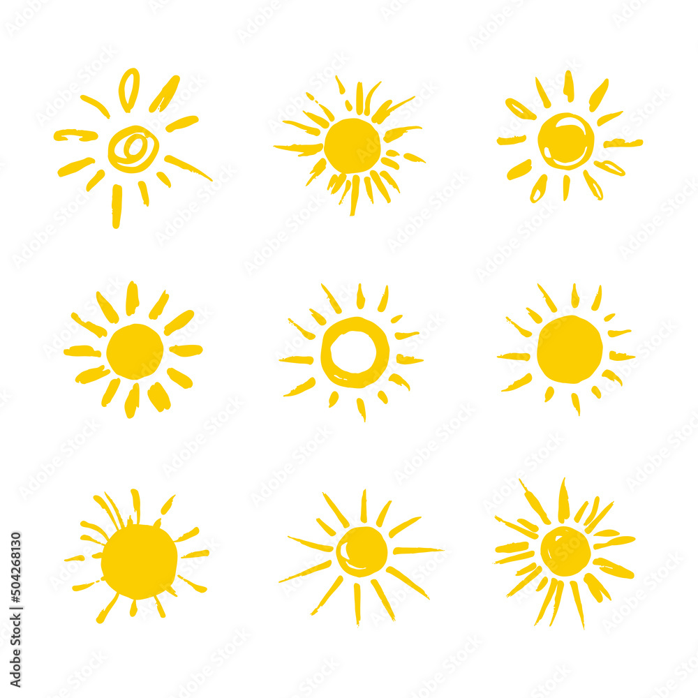 Set of painted yellow suns. Nine hand drawn suns. Solar symbols set. Vector sun illustrated Set of painted yellow suns. Nine hand drawn suns. Solar symbols set. Vector sun illustrated
