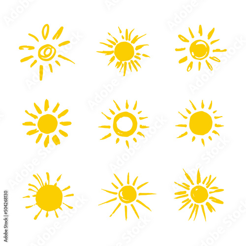 Set of painted yellow suns. Nine hand drawn suns. Solar symbols set. Vector sun illustrated