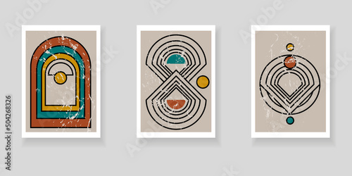 Set of minimalistic elegant wall decor posters. Geometric pattern of lines and shapes. Creative templates for cards, posters, covers, home decor.