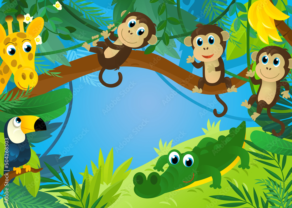 cartoon scene with jungle animals being together illustration cartoon scene with jungle animals being together illustration