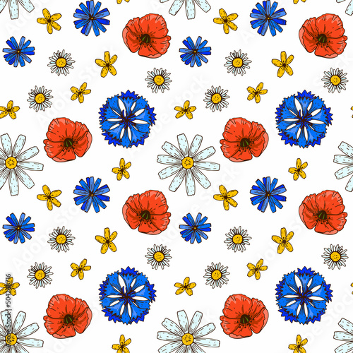 Meadow flowers summer seamless pattern. Colorful hand drawn vector illustration. Botany design