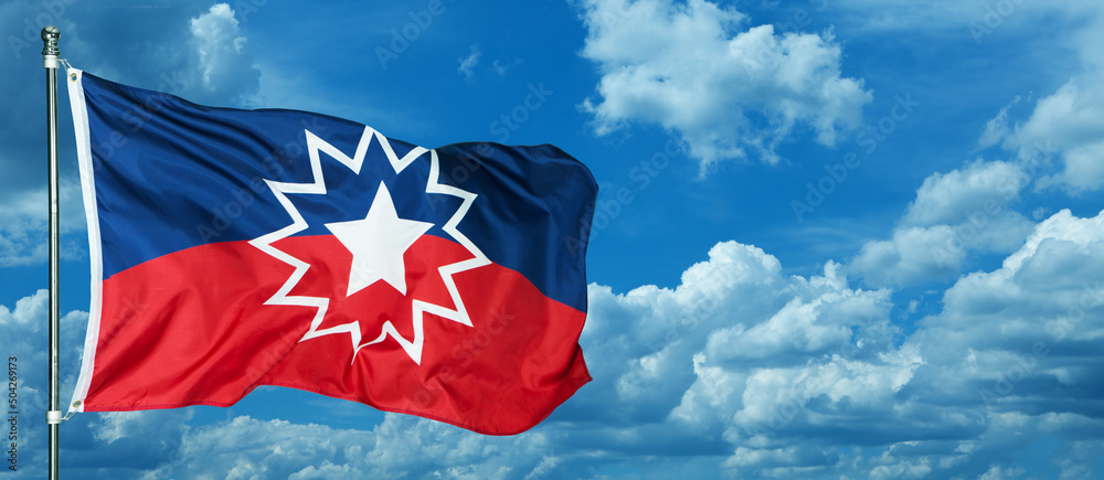 Juneteenth Flag with blue cloudy sky. Since 1865. Design of Banner with place for text. 3D rendering. - obrazy, fototapety, plakaty 