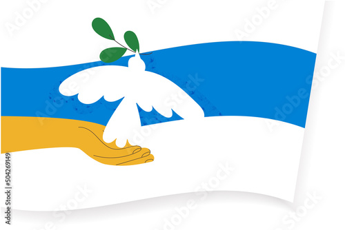 White-blue-white russian opposition and anti-war protesters flag with dove. Pigeon symbol of peace. Fight, hope, freedom, protest concept vector illustration banner. Free Russia. Volunteer hand