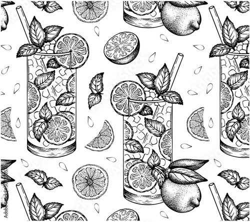 Sketch drawing pattern of Mojito cocktail in glass with lime, lemon and mint leaf on white background. Engraved alcohol citrus drink. Hand drawn beverage wallpaper. Bar menu. Vector illustration.