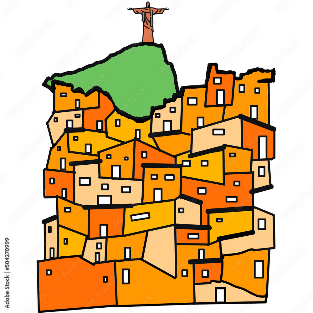 Ilustração Favela da Rocinha Rio de Janeiro com vista do Cristo Redentor, monumento que representa o Brasil.