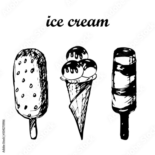 Ice cream sketch. Set of hand drawn illustrations with scoop of ice cream in a waffle cone, ice lolly, frozen juice isolated. Sketches for menu vector