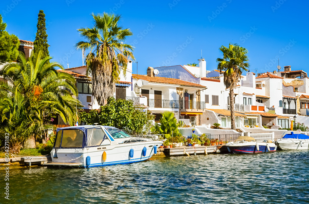 Summer panorama of Empuriabrava with yachts, boats and waterways in Costa Brava, Catalonia, Spain
