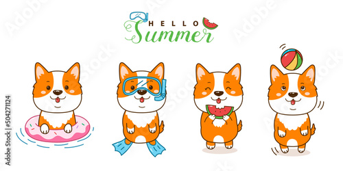 cute corgi cartoon summer set.