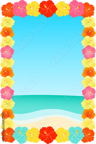 Clip art of beach with hibiscus flower frame