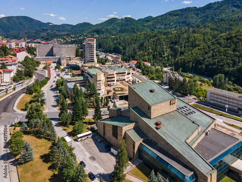 Fototapeta premium Aerial view of Center of the town of Smolyan, Bulgaria