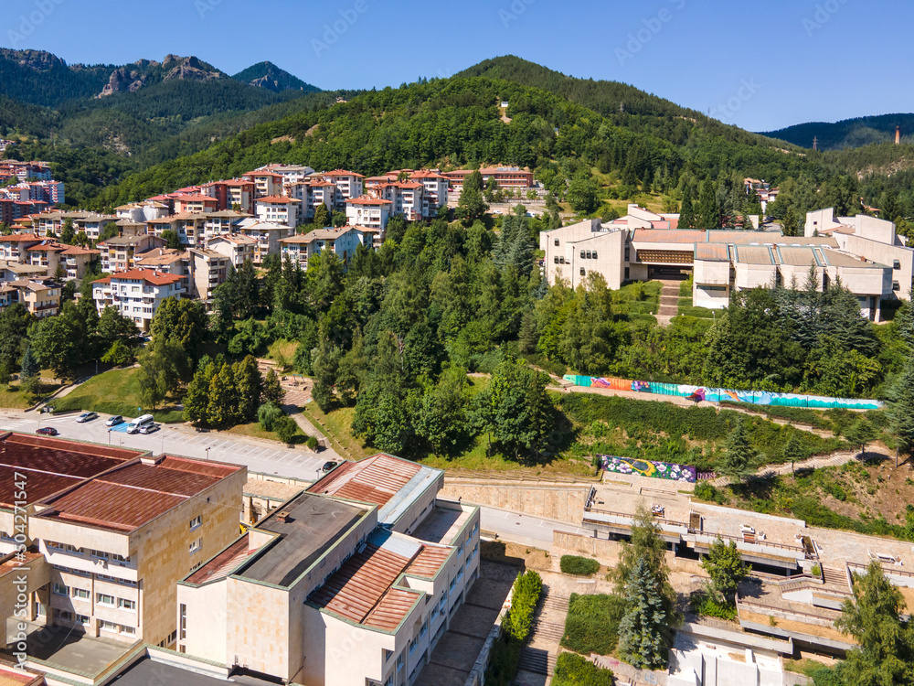 Fototapeta premium Aerial view of Center of the town of Smolyan, Bulgaria
