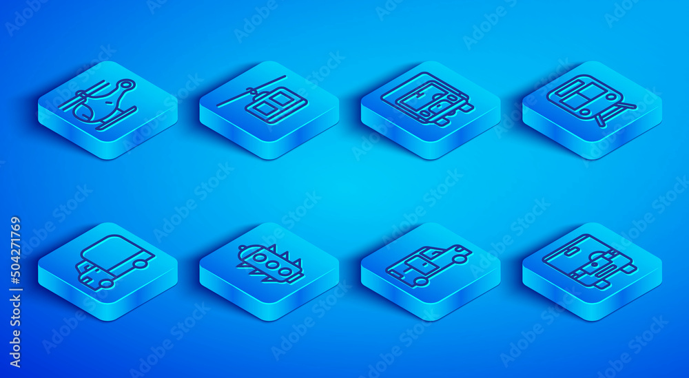 Fototapeta premium Set line Helicopter, Cable car, Delivery cargo truck, Traffic light, Minibus, Train and railway, and Bus icon. Vector