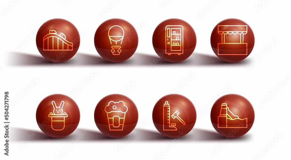 Set line Roller coaster, Magician hat and rabbit, Ticket box office, Striker attraction with hammer, Popcorn in, Hot air balloon, Water slide and Vending machine icon. Vector Set line Roller coaster, Magician hat and rabbit, Ticket box office, Striker attraction with hammer, Popcorn in, Hot air balloon, Water slide and Vending machine icon. Vector