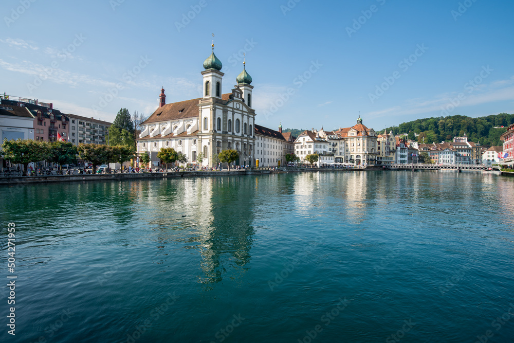 Lucerne (Luzern) Jesuit church and Reuss River in summer, Switzerland