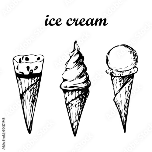 Ice cream sketch. Hand drawn illustrations with scoop of ice cream in a waffle cone isolated. Sketches for menu, vector