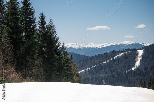 Spring mountain landscape on a sunny day with snow on the mountain tops. Background.