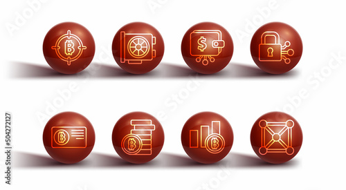 Set line Bitcoin in the target, Credit card with bitcoin, Lock, Pie chart infographic, Video, Blockchain technology and Cryptocurrency wallet icon. Vector