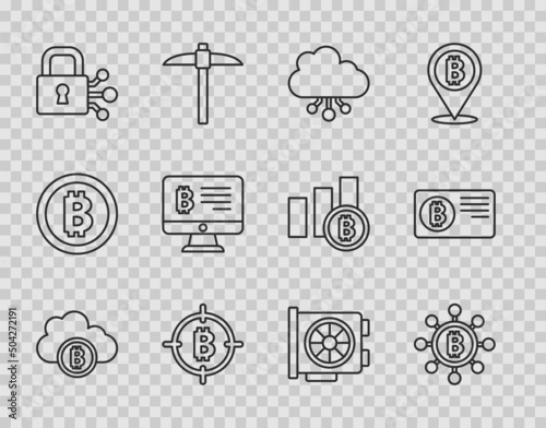 Set line Cryptocurrency cloud mining, Blockchain technology Bitcoin, the target, Lock with bitcoin, Mining from monitor, Video graphic card and Credit icon. Vector