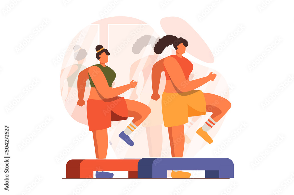 Fitness web concept in flat design. Women in sportswear do step aerobics and do cardio exercises with stepper platforms. Sportswomen training on equipment in gym. Vector illustration with people scene
