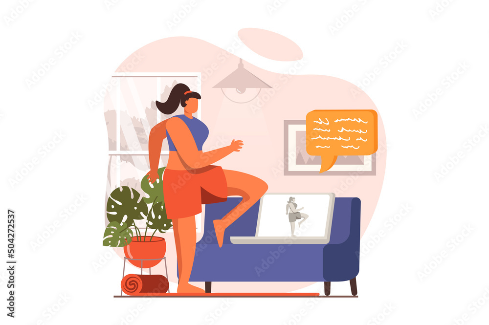 Fototapeta premium Fitness web concept in flat design. Woman in sports uniform doing cardio training and exercising with video lesson with trainer. Sportswoman training at home. Vector illustration with people scene