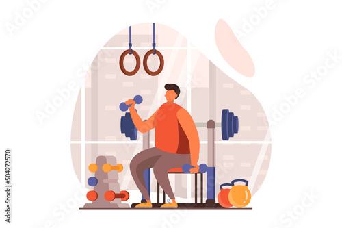 Fitness web concept in flat design. Man does exercises with dumbbells in gym with barbell and other equipment. Athlete engaged in bodybuilding and weightlifting. Vector illustration with people scene