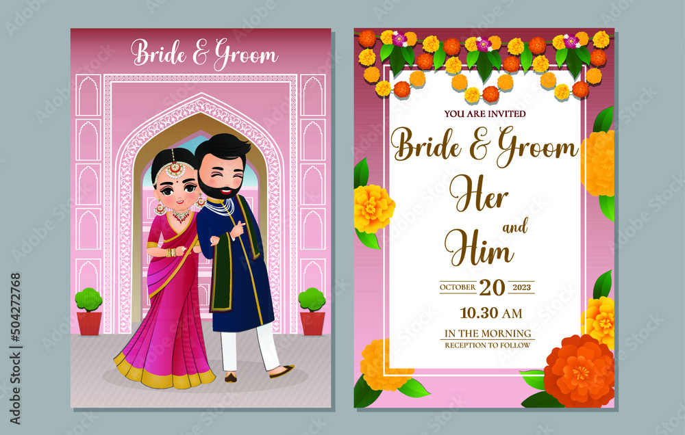 Indian wedding invitation card cute Hindu couple cartoon character in Front  and Back View Stock Vector | Adobe Stock