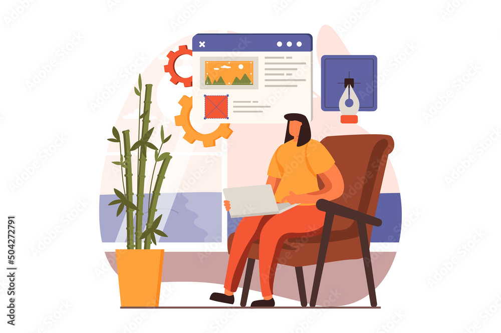 Freelance working web concept in flat design. Designer drawing graphic elements, creates content and doing pages optimization. Remote worker at home office. Vector illustration with people scene