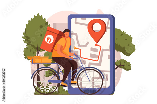 Food delivery web concept in flat design. Courier rides bicycle and delivers bag of groceries from store and order of food. Fast shipping and tracking in app. Vector illustration with people scene