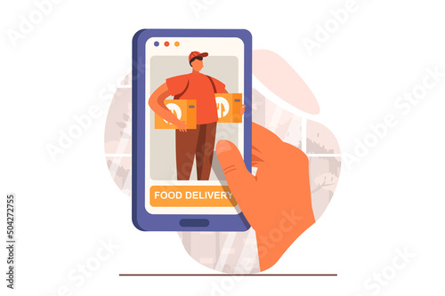 Food delivery web concept in flat design. Human hand holding mobile phone and using app for choosing and ordering food at restaurant. Courier delivers boxes. Vector illustration with people scene
