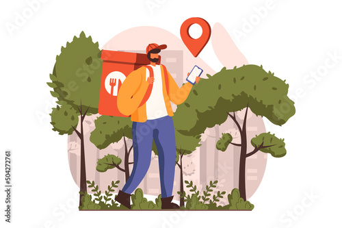 Food delivery web concept in flat design. Courier walking and delivers bag of groceries from store and order of food. Fast shipping and tracking in application. Vector illustration with people scene