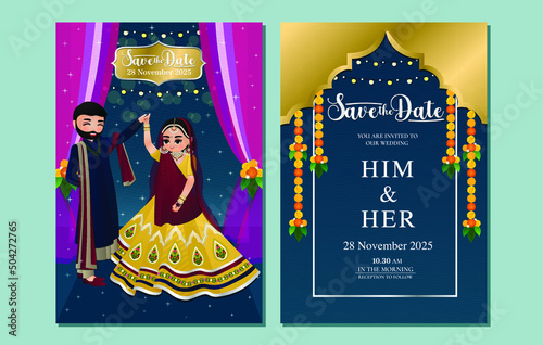  Indian wedding invitation card cute Hindu couple cartoon character in Front and Back View