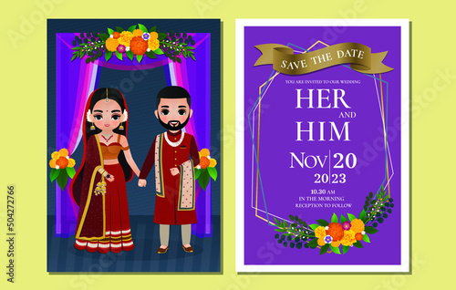  Indian wedding invitation card cute Hindu couple cartoon character in Front and Back View