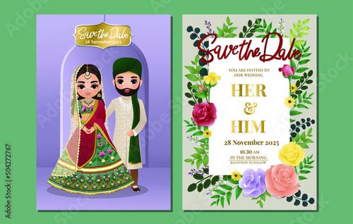  Indian wedding invitation card cute Hindu couple cartoon character in Front and Back View