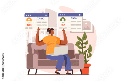 Freelance working web concept in flat design. Woman choosing task with best price at website with job for freelancers. Remote worker doing tasks online at home. Vector illustration with people scene